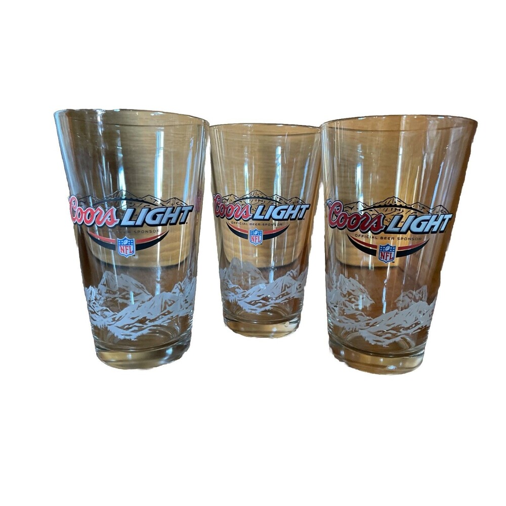 Coors Light /NFL Beer Drinking Glass LOT OF 3 NFL Football W/Etched Mountains
